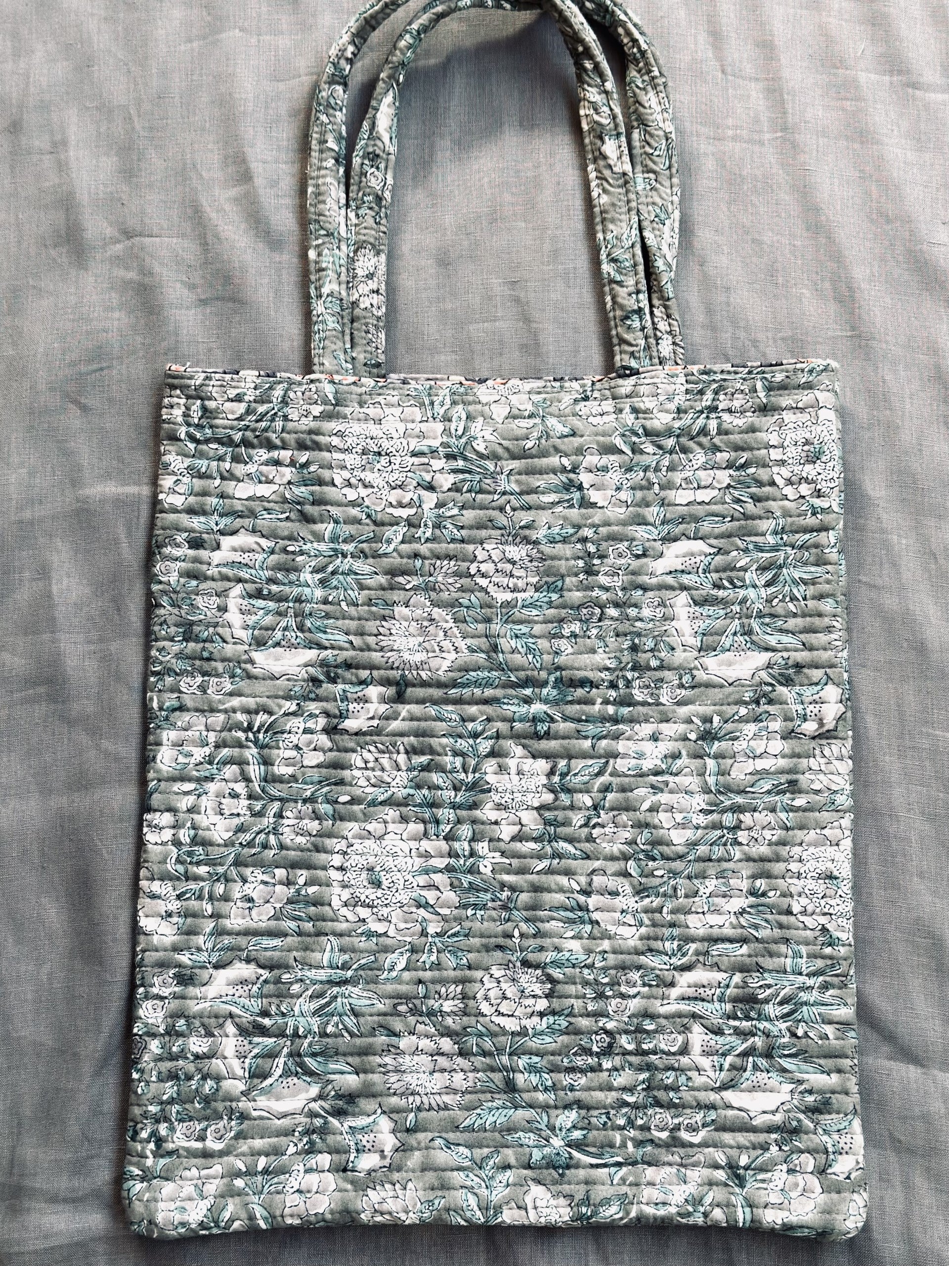 Grey floral embroidered store tote bag